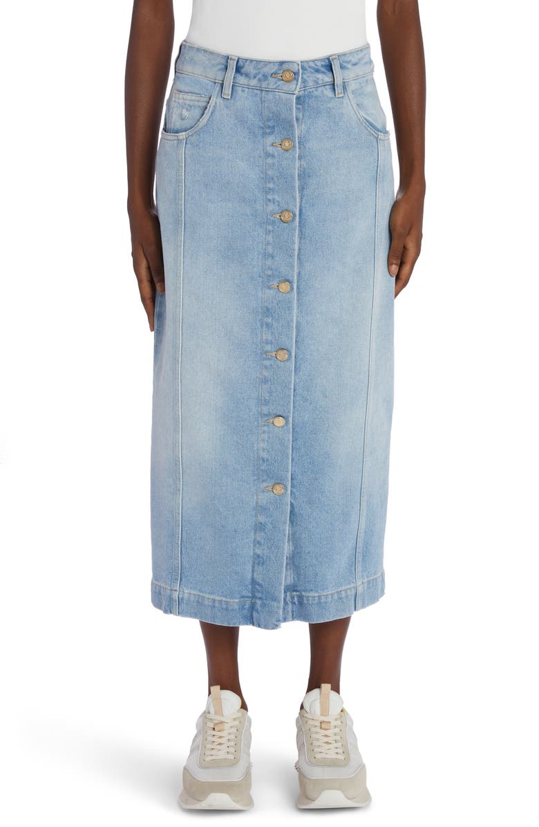 Moncler Cotton Denim Midi Skirt, Main, color, 