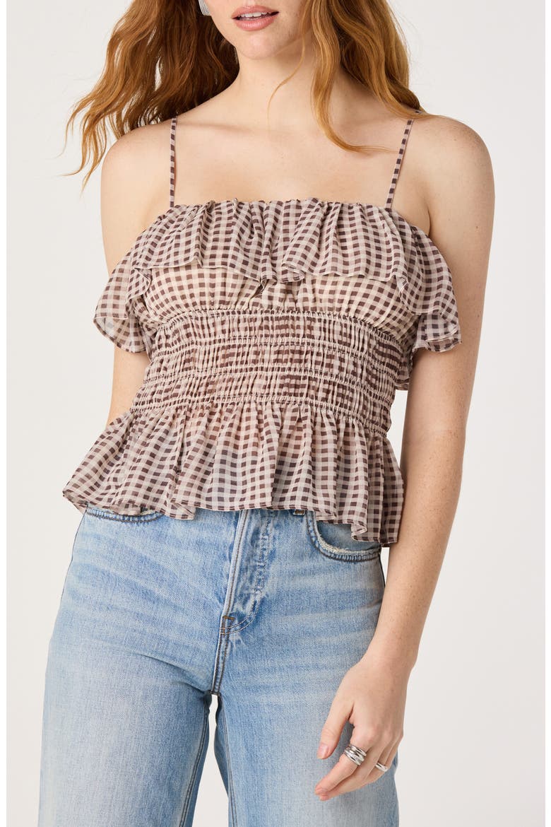 Carmelitha Ditsy Floral Gingham Ruffle Trim Peplum Top, Main, color, BROWN GINGHAM