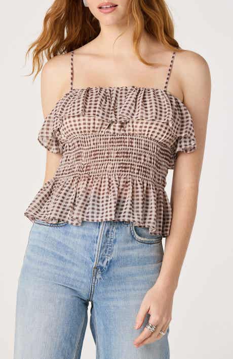 Carmelitha Ditsy Floral Gingham Ruffle Trim Peplum Top