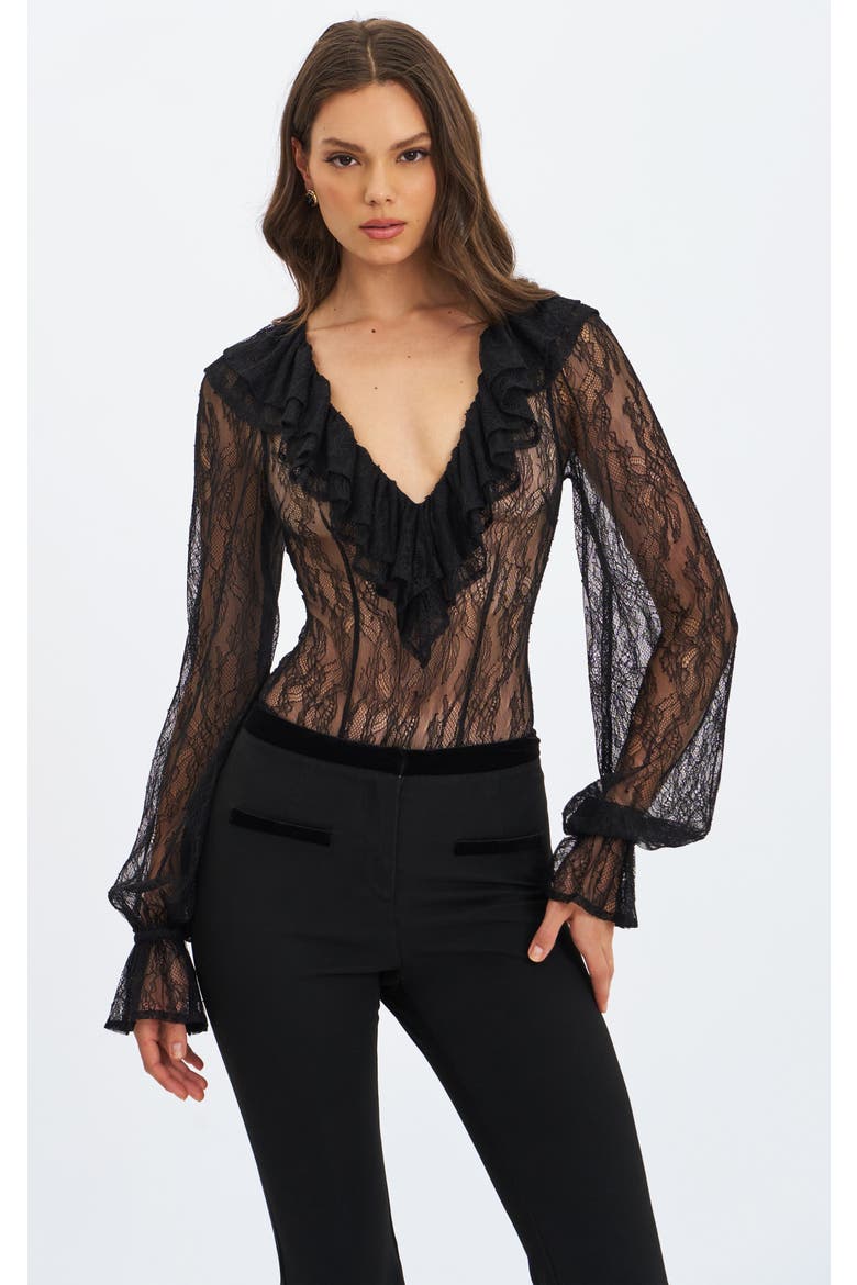 Taliah Sheer Lace Ruffled Collar Bodysuit, Main, color, Black