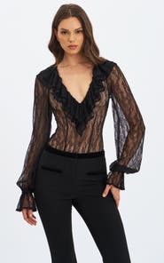 Miss Circle Taliah Sheer Lace Ruffled Collar Bodysuit