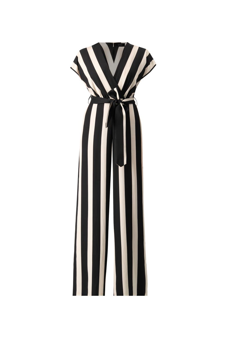 Striped V-Neck Jumpsuit with Waist Tie, Alternate, color, Black