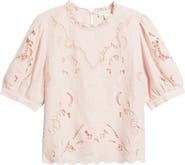 Treasure & Bond Embroidered Cutwork Puff Sleeve Linen Blend Top