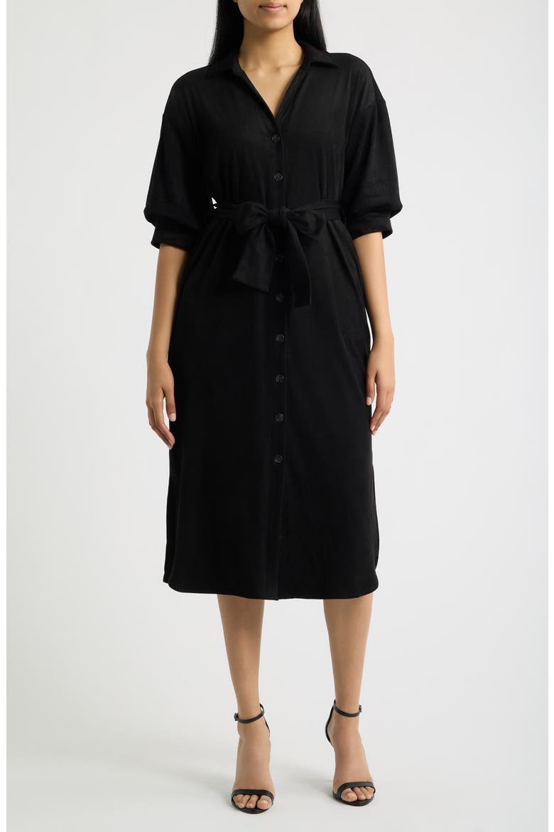 Puff Sleeve Belted Shirtdress, Main, color, BLACK