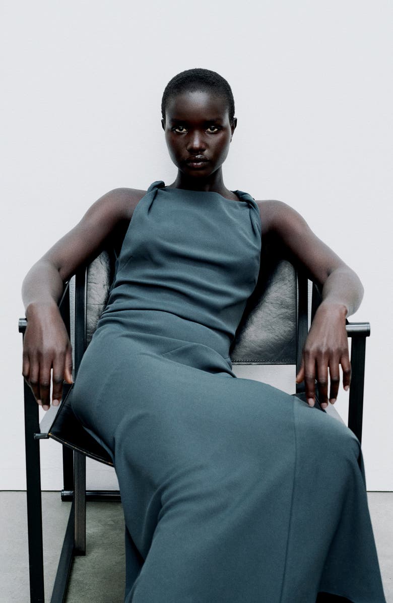 MANGO Braided Strap Draped Panel Dress, Alternate, color, Grey