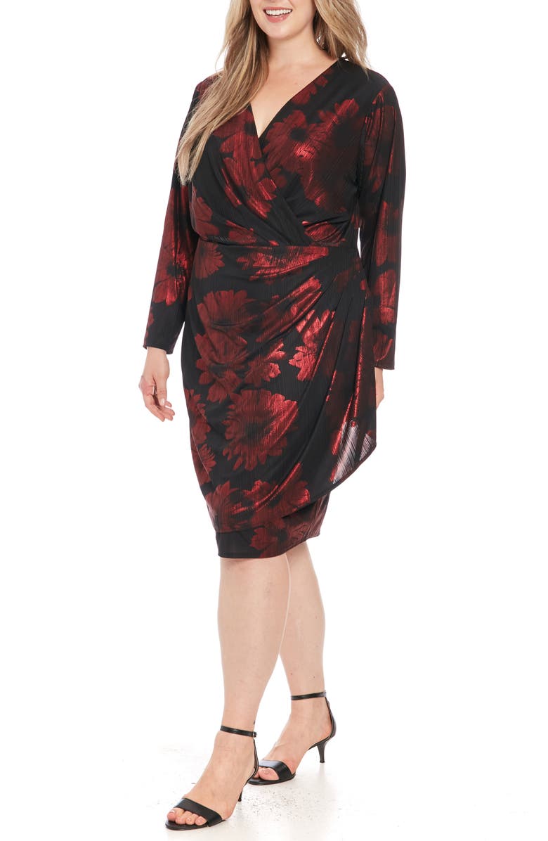 London Times Floral Long Sleeve Faux Wrap Dress, Alternate, color, Black/ Red