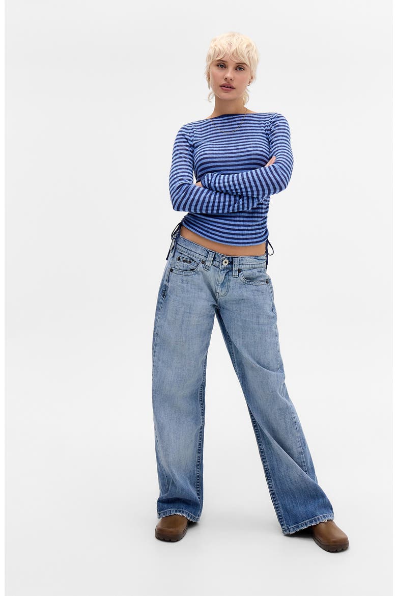 Stripe Side Ruched Sheer Knit Top, Alternate, color, BLUE
