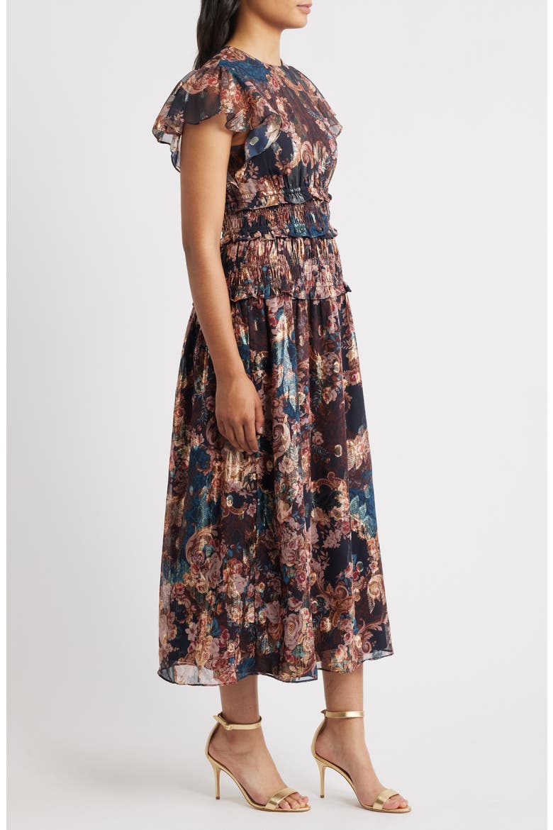 Metallic Floral Flutter Sleeve Midi Dress, Alternate, color, NAVY MULTI