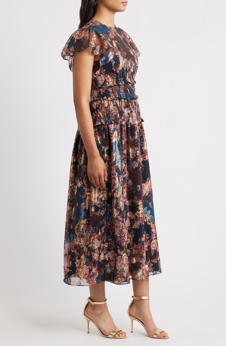 Eliza J Metallic Floral Flutter Sleeve Midi Dress, Alternate, color, Navy Multi
