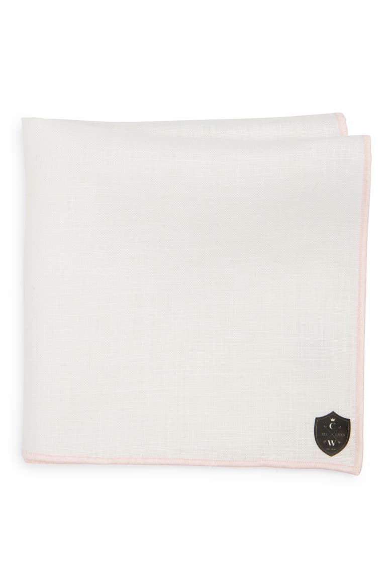White Linen Pocket Square with Pink Trim, Main, color, PINK
