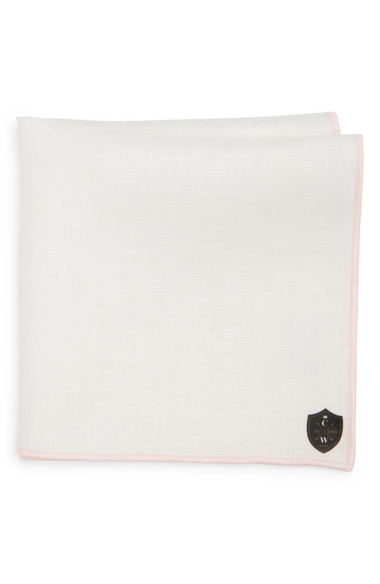 CLIFTON WILSON White Linen Pocket Square with Pink Trim, Main, color, Pink