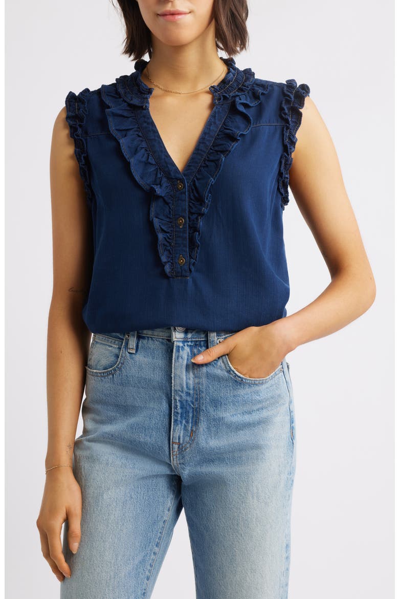 Ruffle Accent Sleeveless Top, Main, color, INDIGO