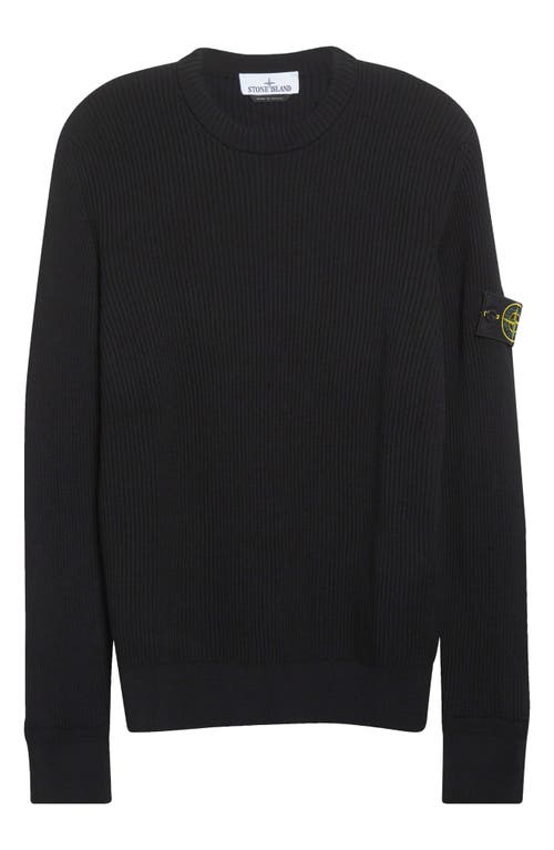Stone Island Compass Patch Rib Virgin Wool Crewneck Sweater In Black