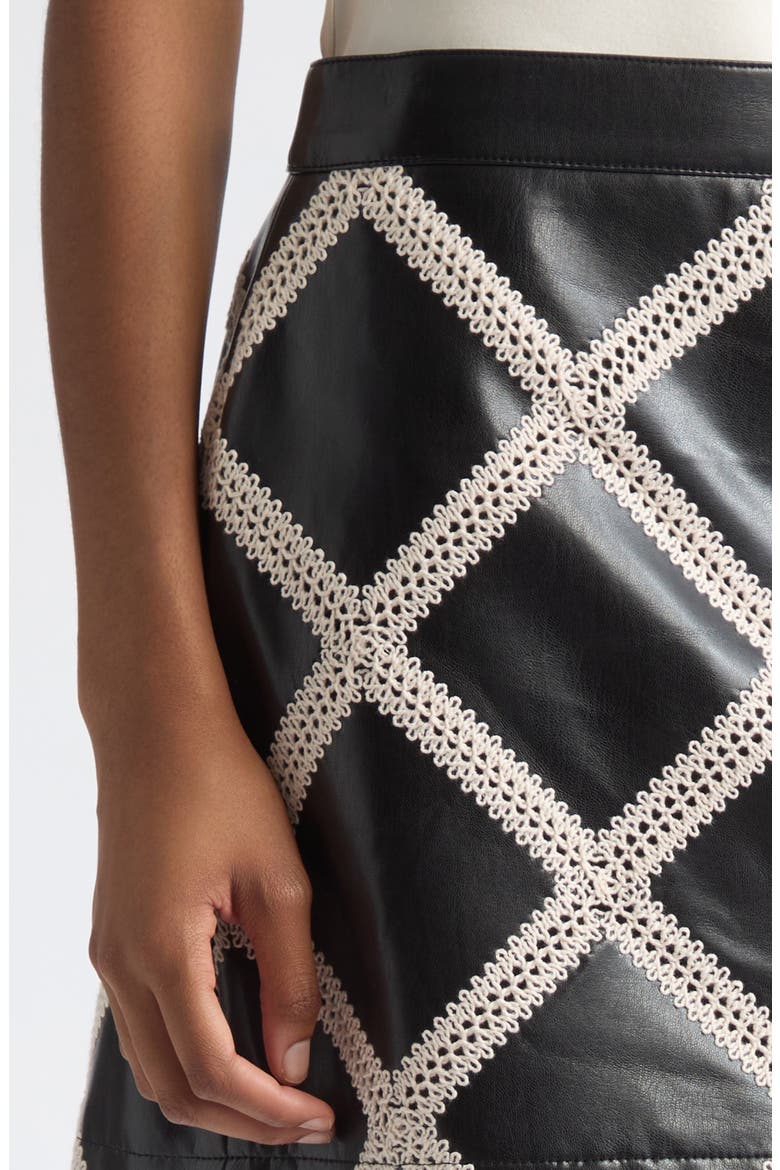 Audree Lattice Trim Faux Leather Miniskirt, Alternate, color, BLACK/ GARDENIA