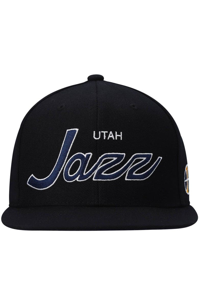 Mitchell & Ness Men's Mitchell & Ness Black Utah Jazz Hardwood Classics Script 2.0 Snapback Hat, Alternate, color, Black