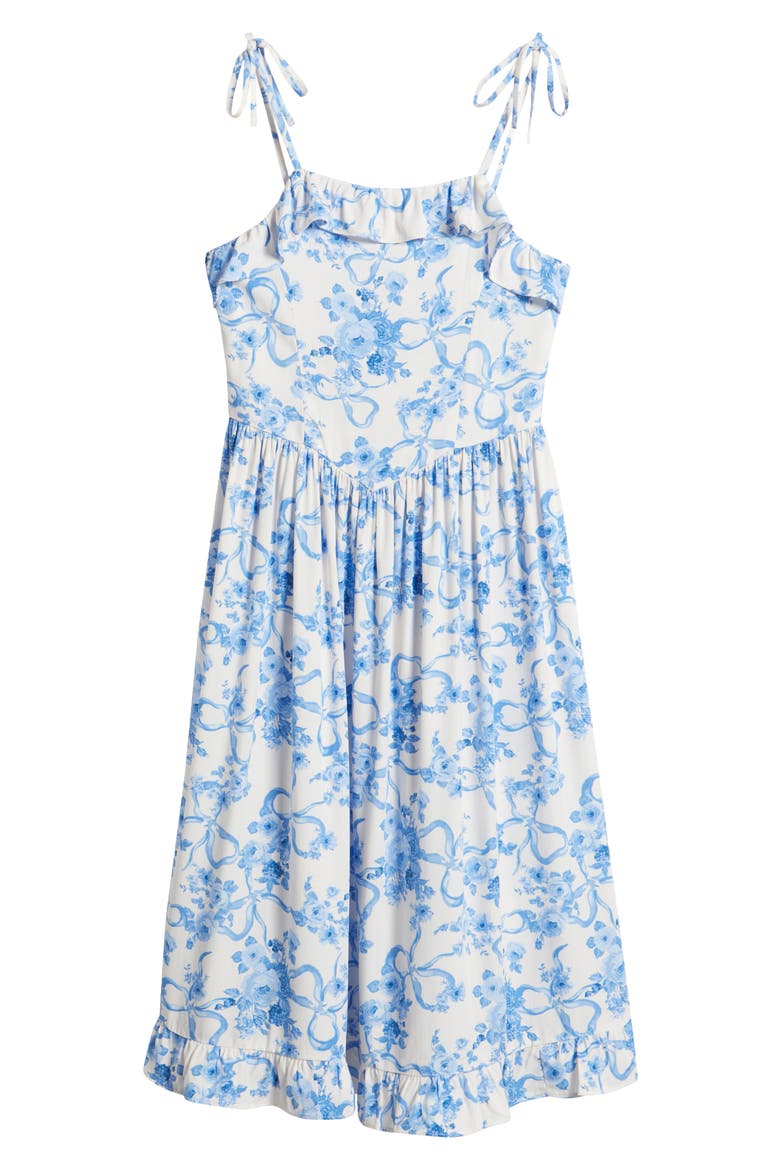 Kids' Floral Ruffle Tie Strap Sundress, Main, color, IVORY PRISTINE RIBBON FLORAL