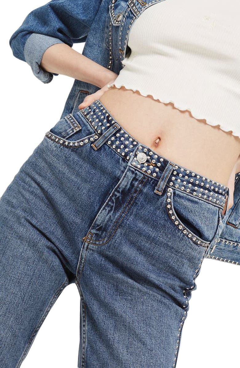 Topshop Mid Denim Studded Mom Jeans, Main, color, 