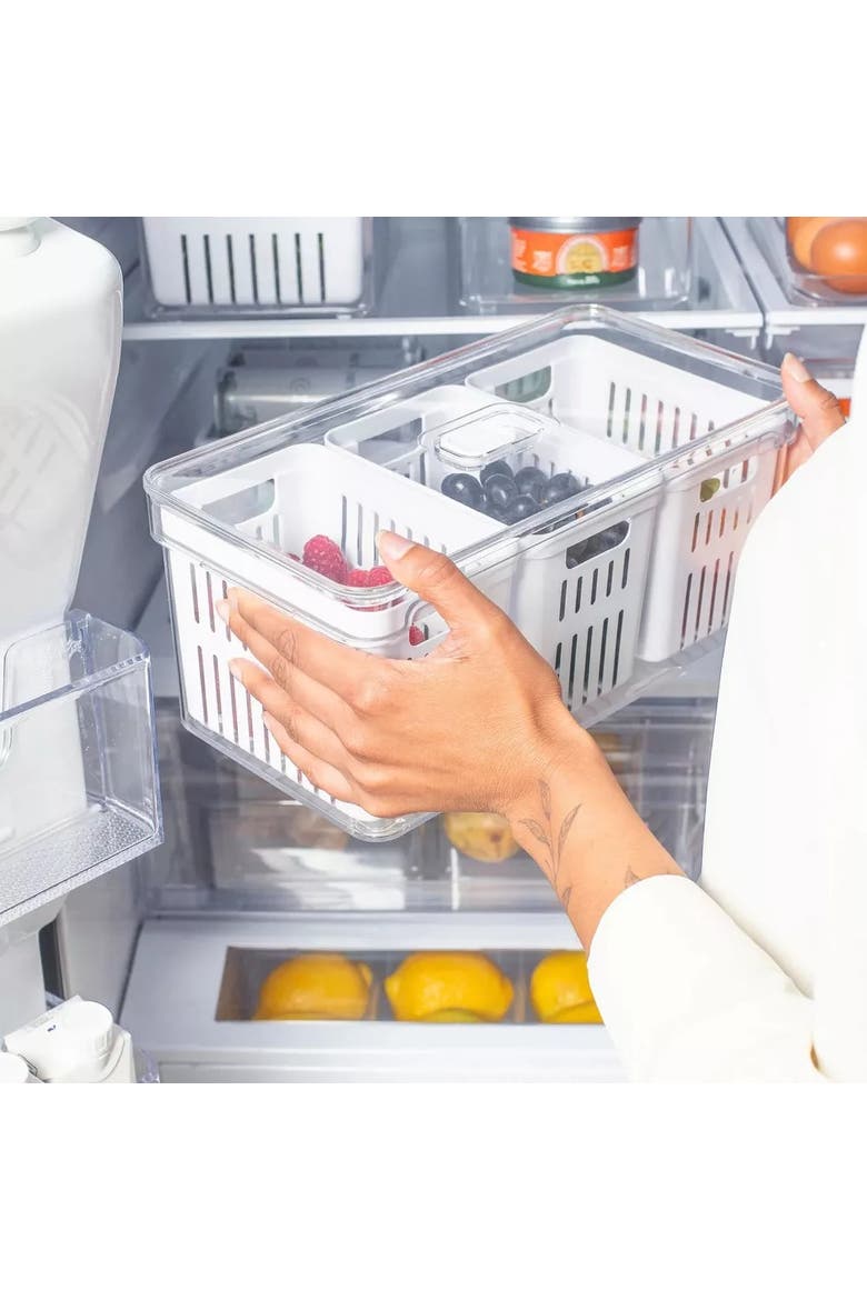 Clear Stackable Fridge Organizer Bin with Drain Basket and Vented Lid, 4 Pack, Alternate, color, Clear with White Drainer