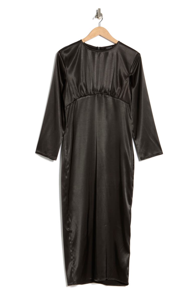 Long Sleeve Satin Midi Dress, Alternate, color, BLACK