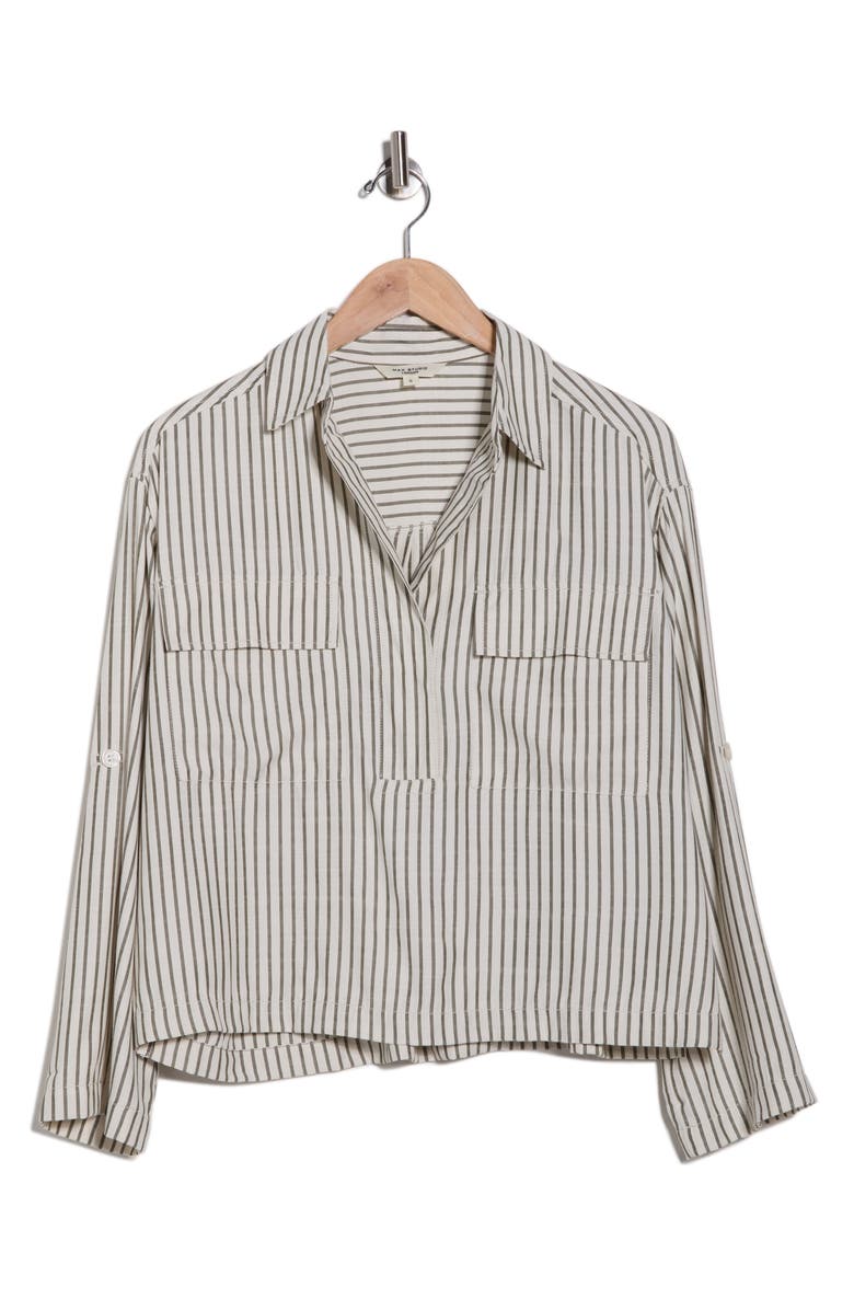 MAX STUDIO Grid Print Roll Sleeve Popover Shirt, Alternate, color, Ofwolats-White/ Olive