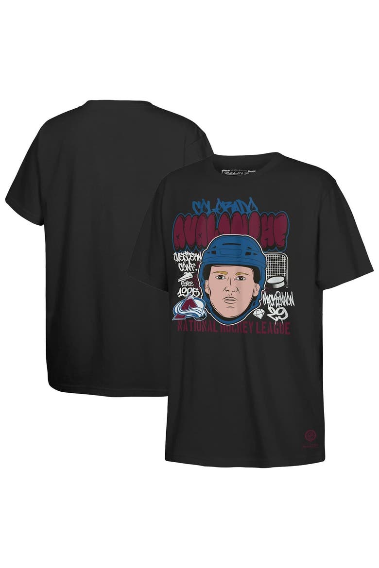 Youth Mitchell & Ness Nathan MacKinnon Black Colorado Avalanche Caricature T-Shirt, Main, color, Black