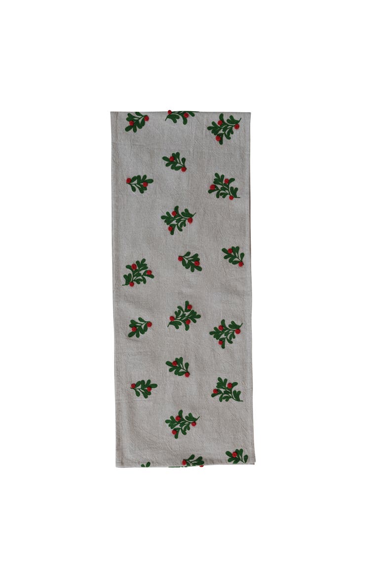 Cotton and Linen Table Runner with Embroidered Mistletoe and Pom Poms, Natural, Green and Red, Main, color, Green