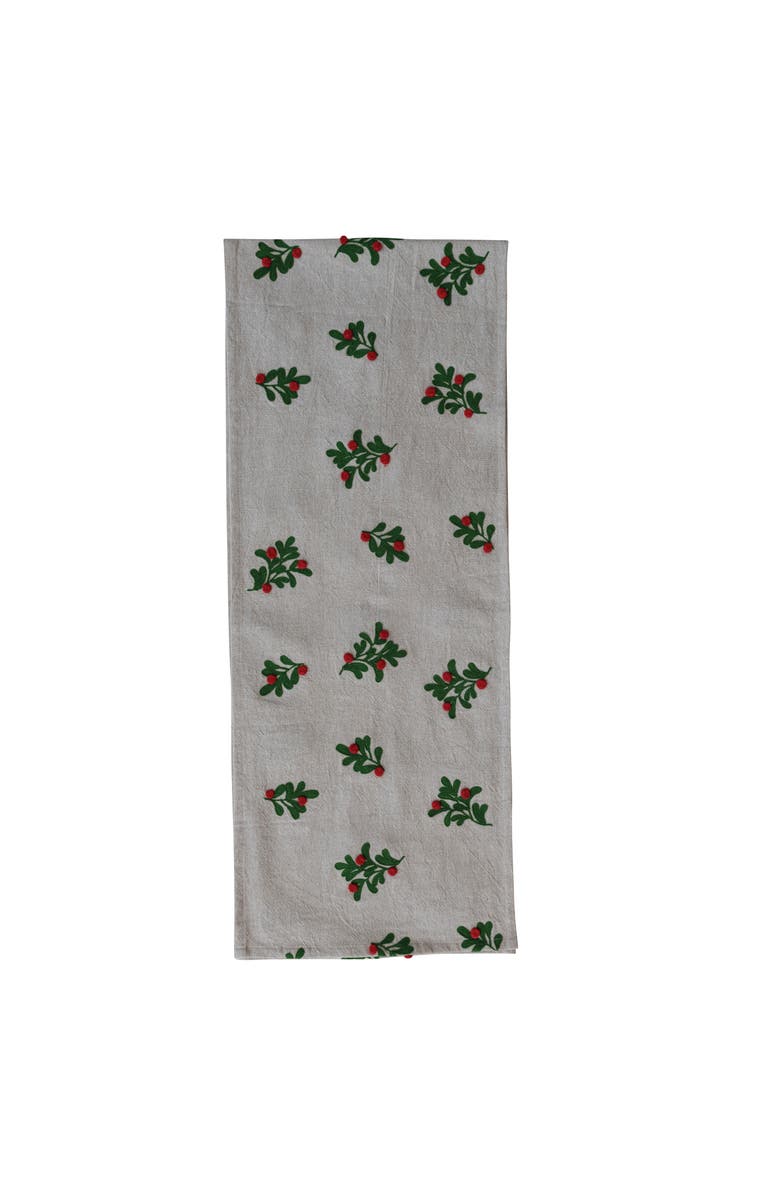 Storied Home Cotton and Linen Table Runner with Embroidered Mistletoe and Pom Poms, Natural, Green and Red, Main, color, 