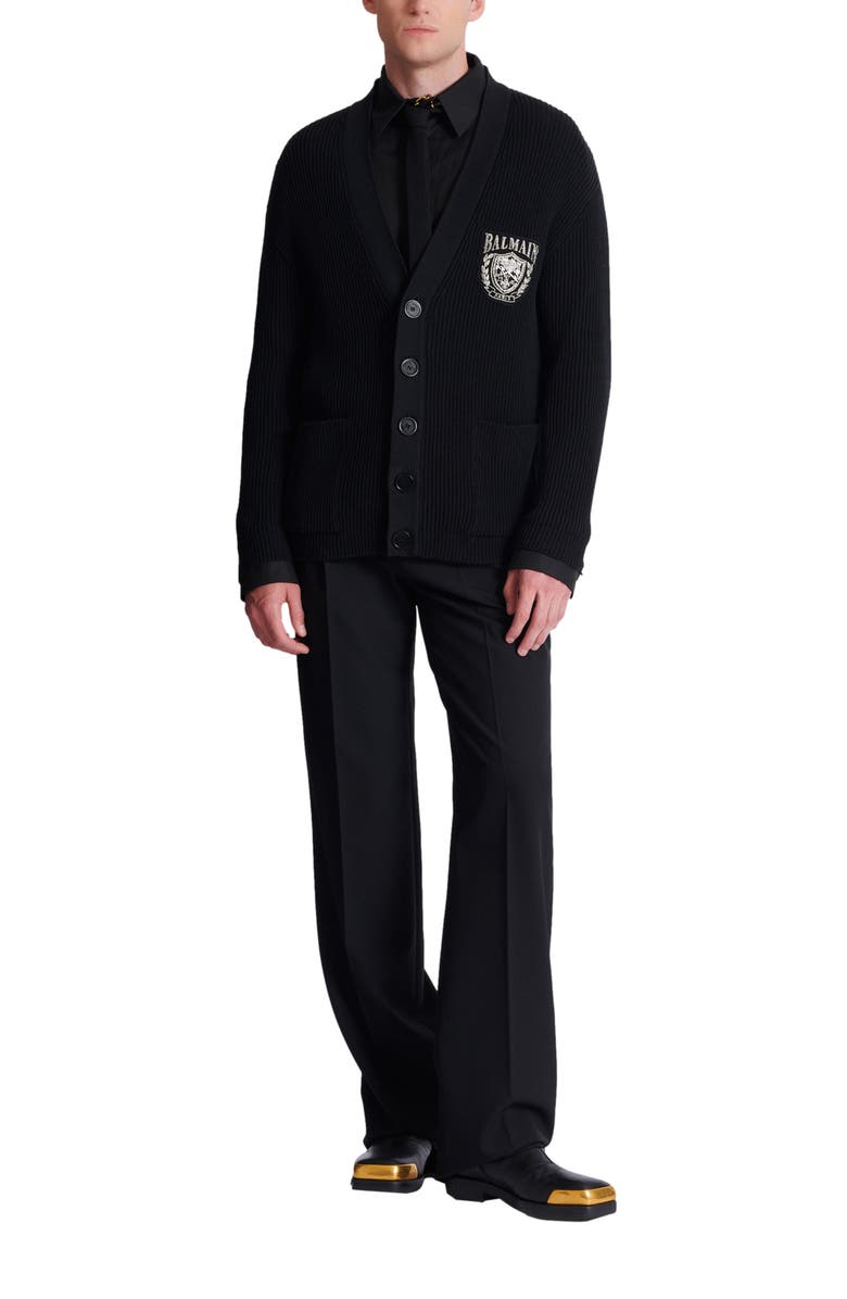 Balmain Cotton tube-knit cardigan, Alternate, color, Black