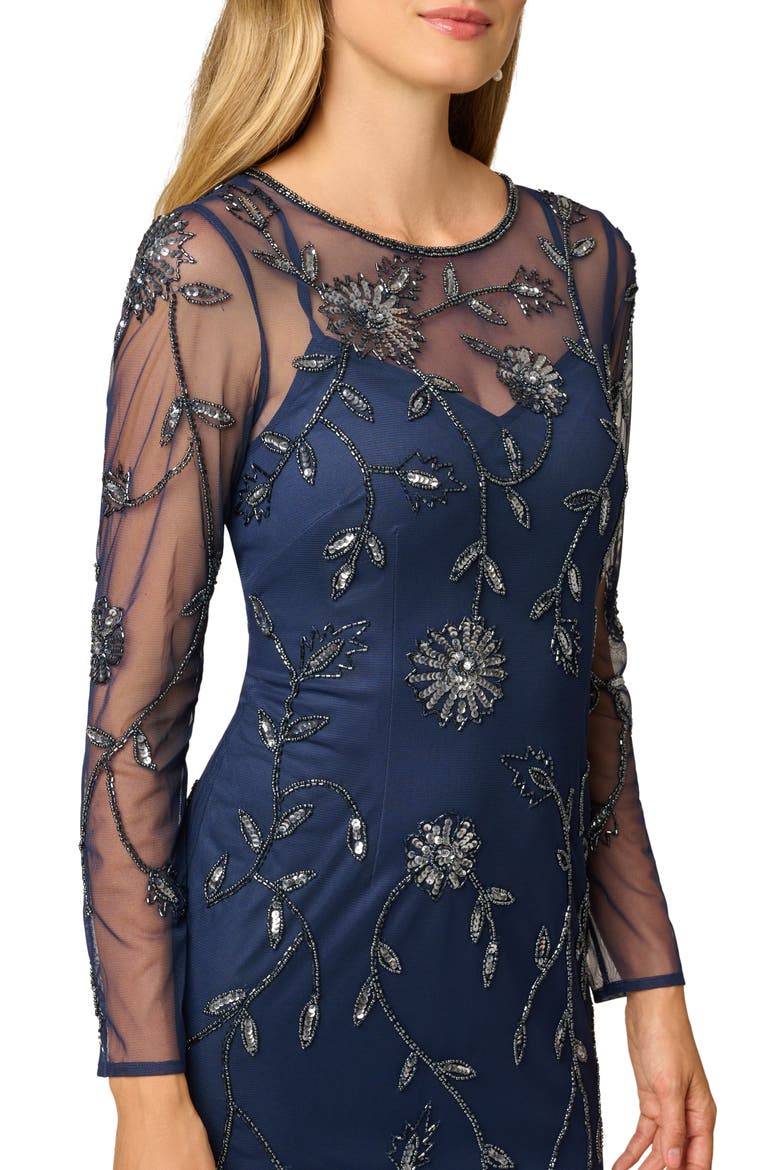 Beaded Floral Long Sleeve Mesh Gown, Alternate, color, LIGHT NAVY
