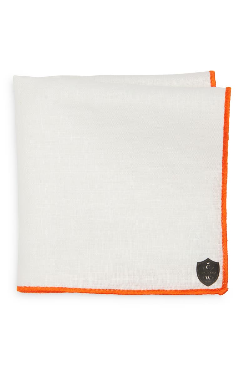 White Linen Pocket Square with Orange Trim, Main, color, WHITE/ ORANGE