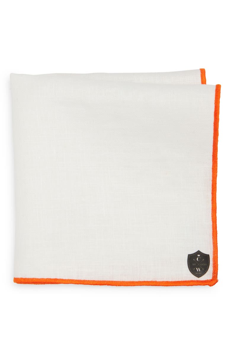 CLIFTON WILSON White Linen Pocket Square with Orange Trim, Main, color, White/ Orange