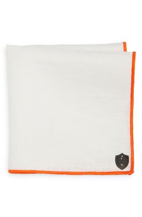White Linen Pocket Square with Orange Trim