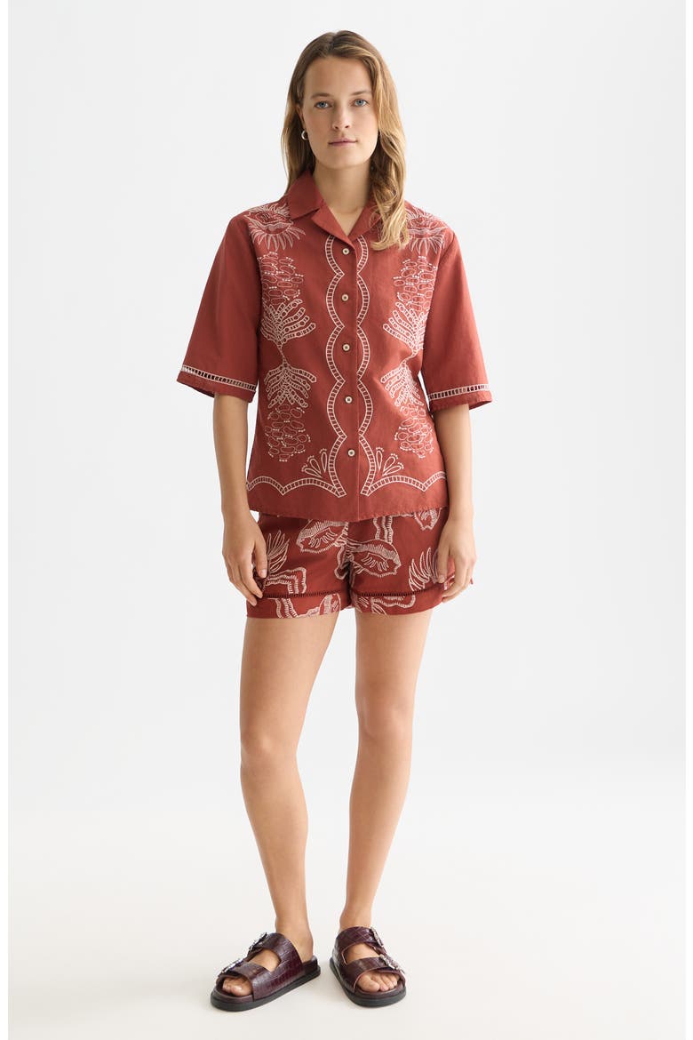 Embroidered Cotton & Linen Button-Up Shirt, Alternate, color, BURNT HENNA