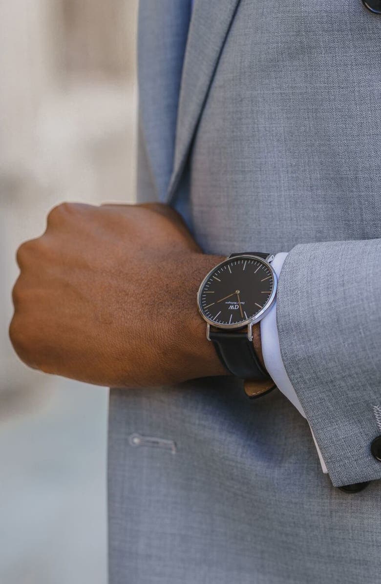 Daniel Wellington Classic Sheffield Leather Strap Watch, 40mm, Alternate, color, Silver/ Black