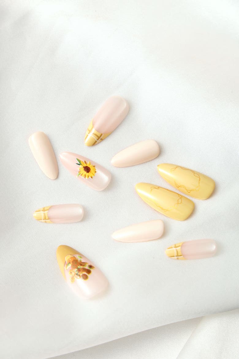 Van Gogh Sunflowers Almond Press On Nails, Alternate, color, Yellow