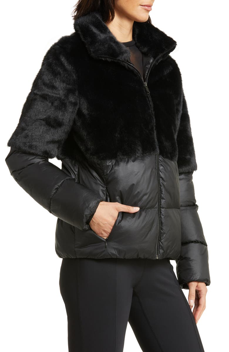 Zella Faux Fur Puffer Jacket, Alternate, color, Black