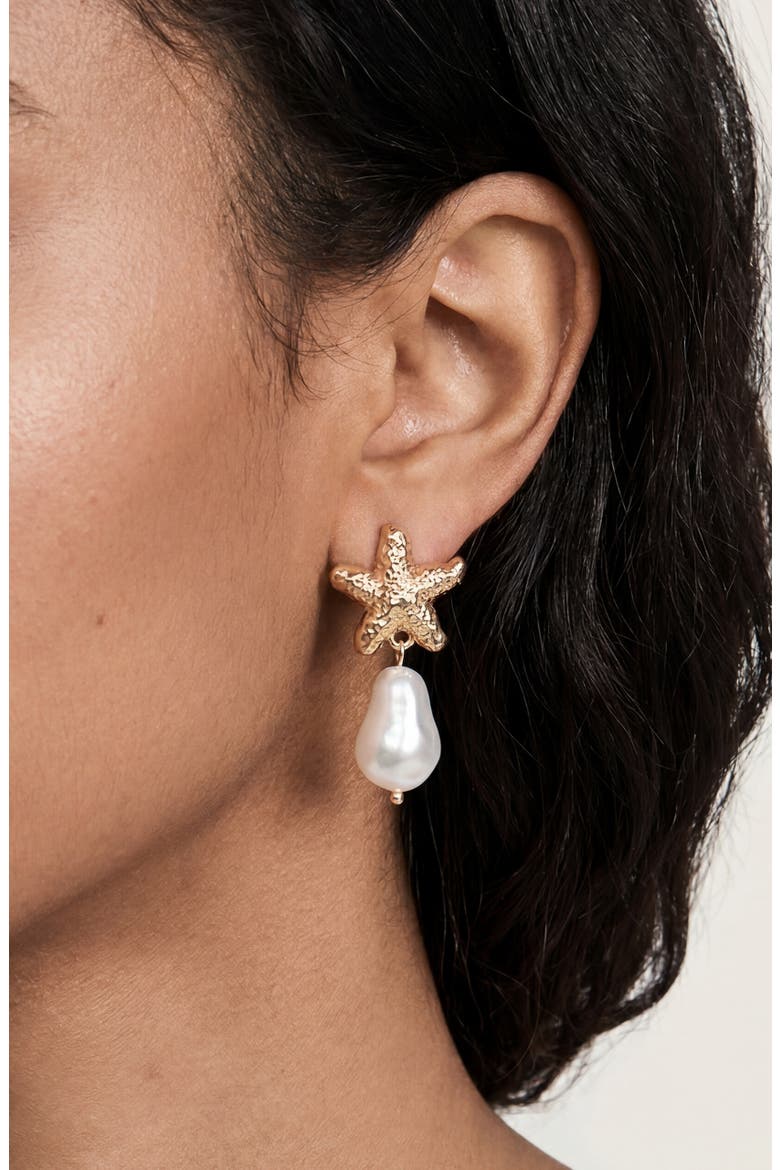 Starfish Faux Pearl Drop Earrings, Alternate, color, GOLD
