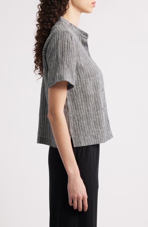 Eileen Fisher Mandarin Collar Organic Linen Button-up Shirt In Black/white
