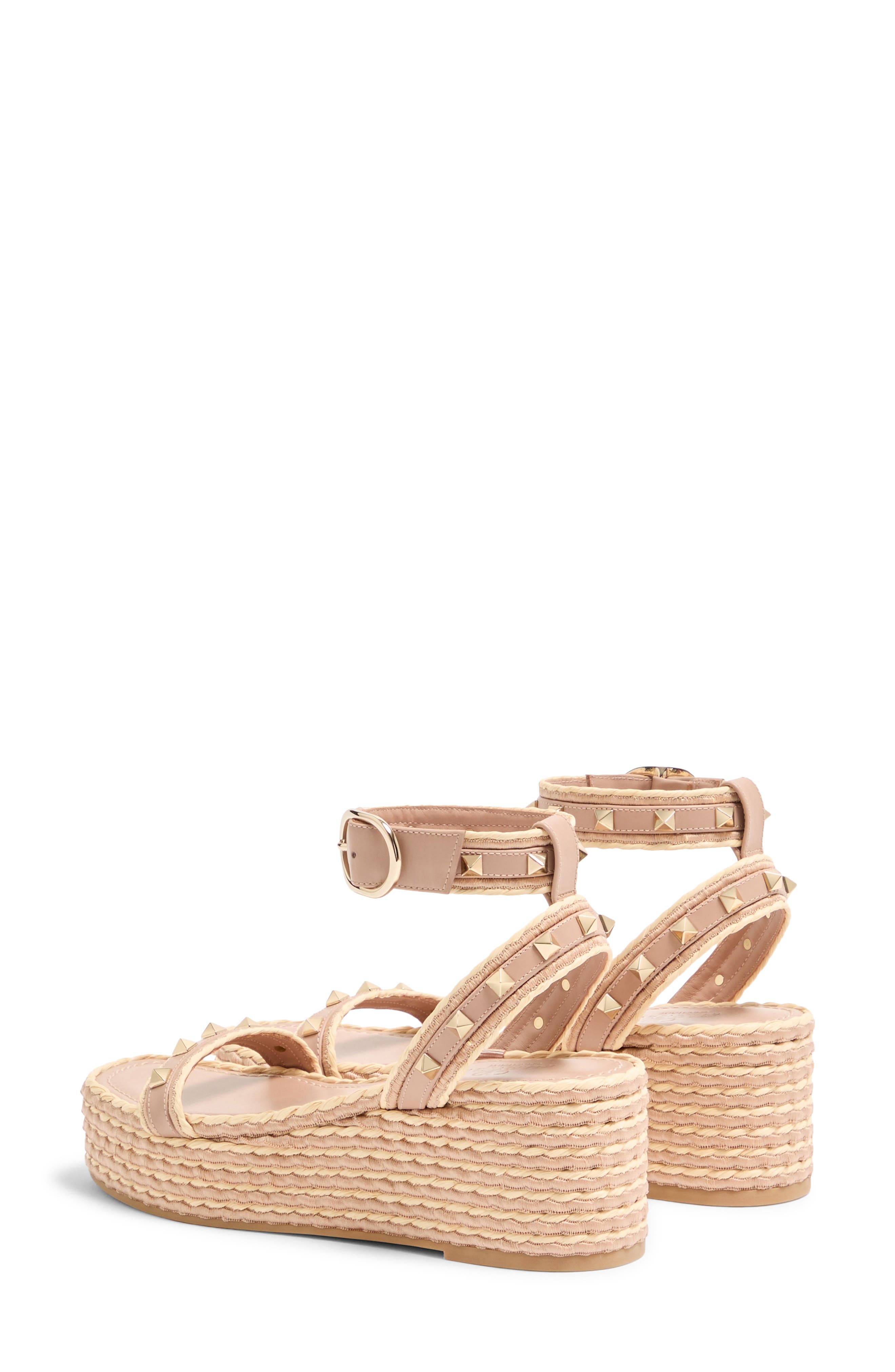 Valentino Rockstud Ankle Strap Espadrille Platform Sandal, Alternate, color, Rose