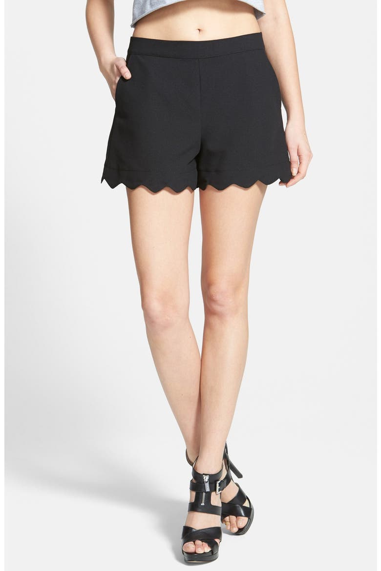 Scallop Hem Crepe Shorts, Main, color, JET BLACK