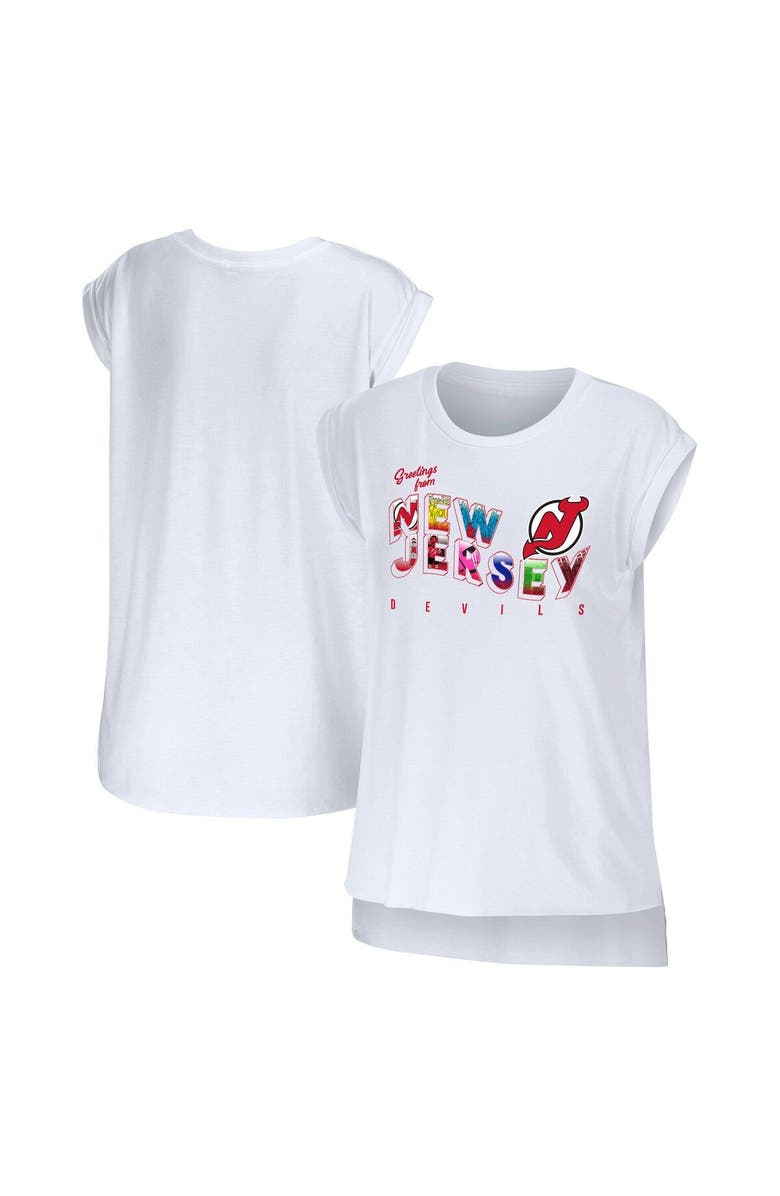 WEAR by Erin Andrews Women's WEAR by Erin Andrews White New Jersey Devils Greetings From Muscle T-Shirt, Main, color, White