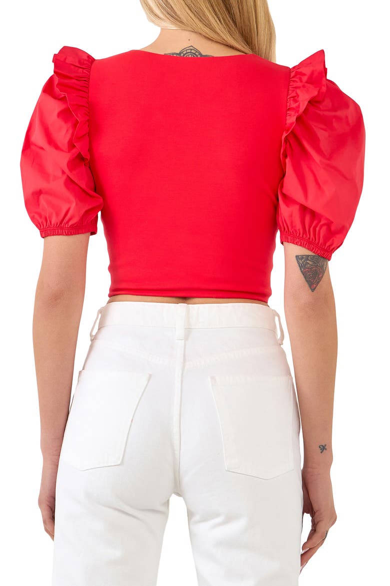 Mixed Media Puff Sleeve Crop Top, Alternate, color, RED