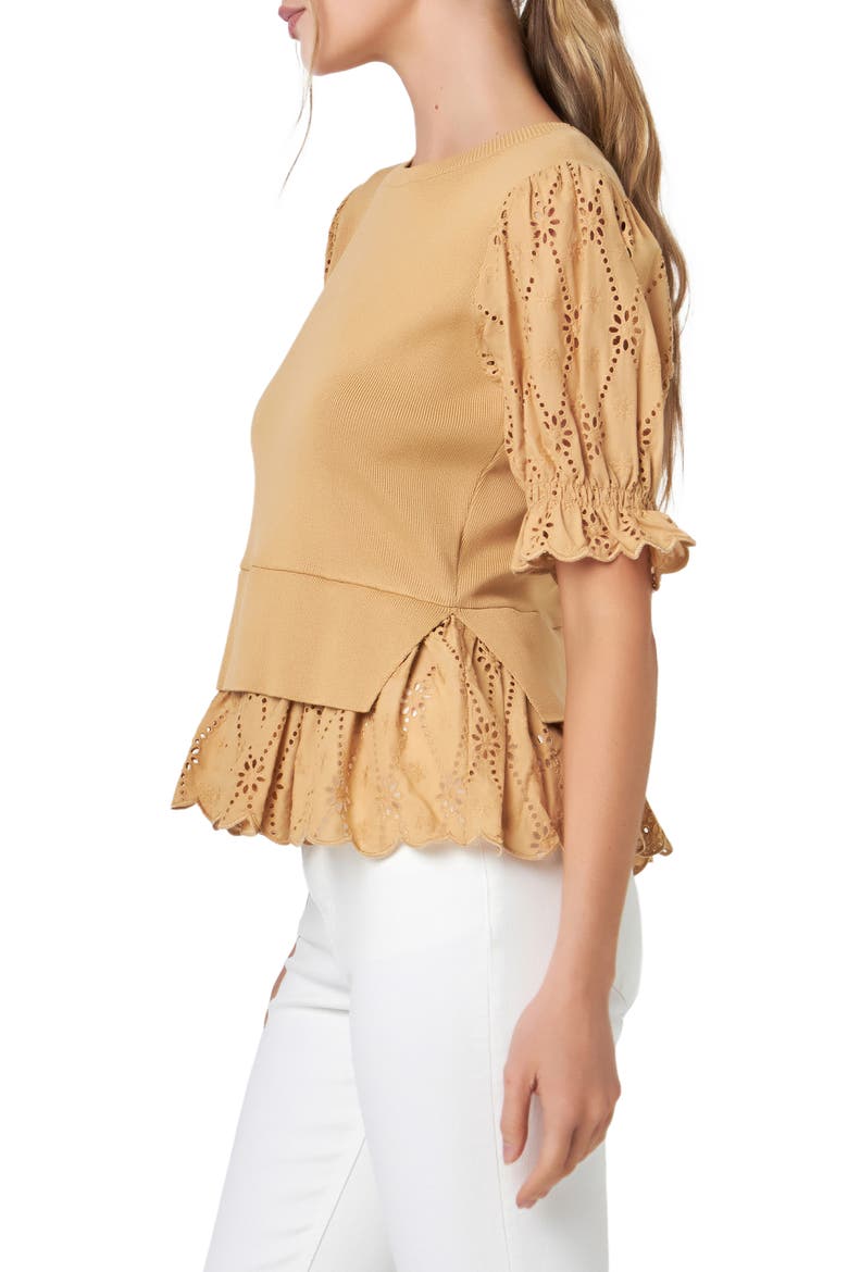 Mixed Media Eyelet Puff Sleeve Peplum Top, Alternate, color, TAN