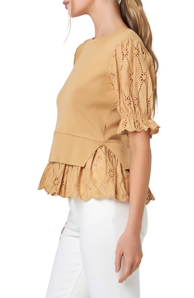 English Factory Mixed Media Eyelet Puff Sleeve Peplum Top, Alternate, color, Tan