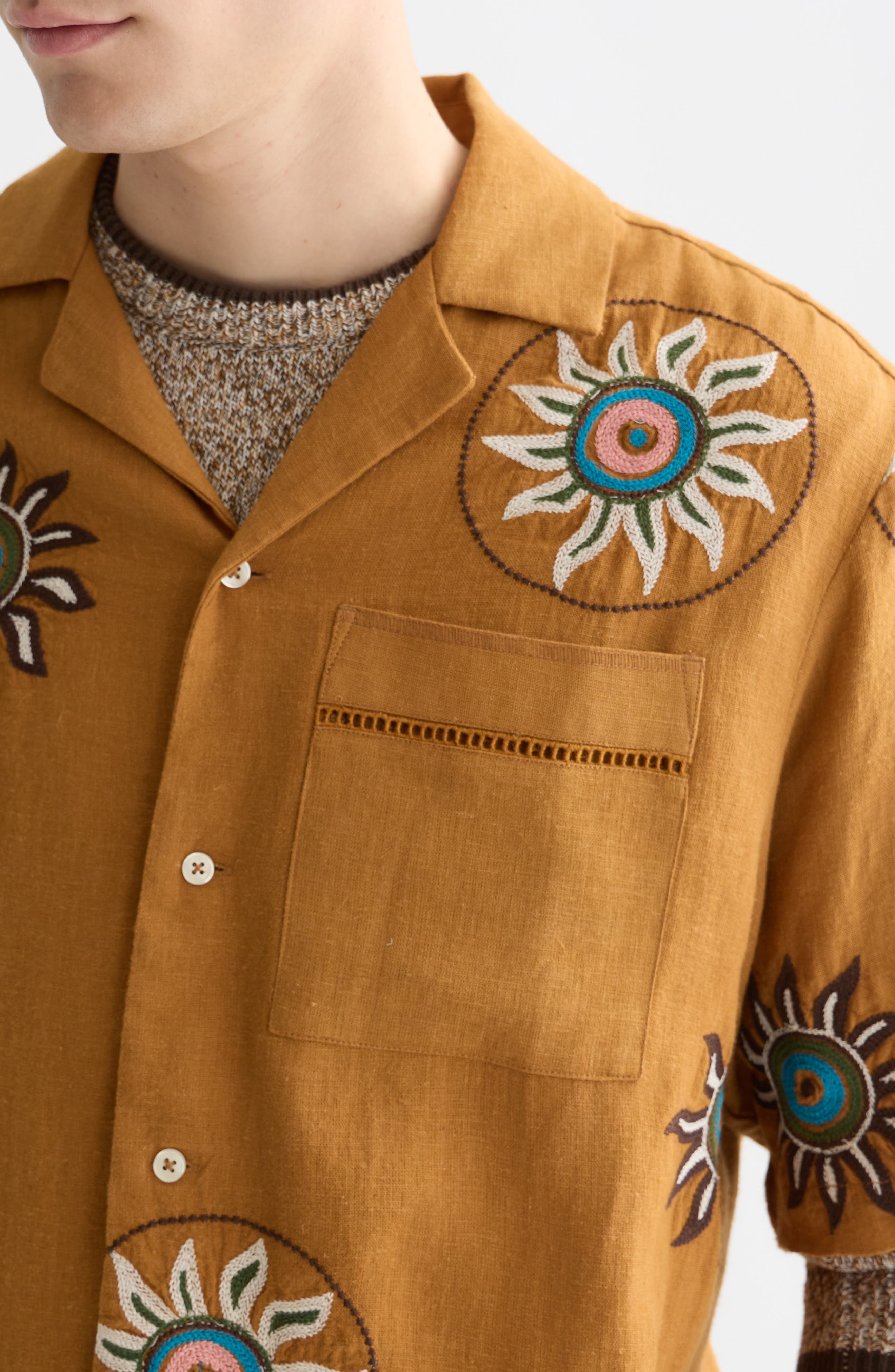 Embroidered Short Sleeve Linen Blend Button-Up Shirt - image 2