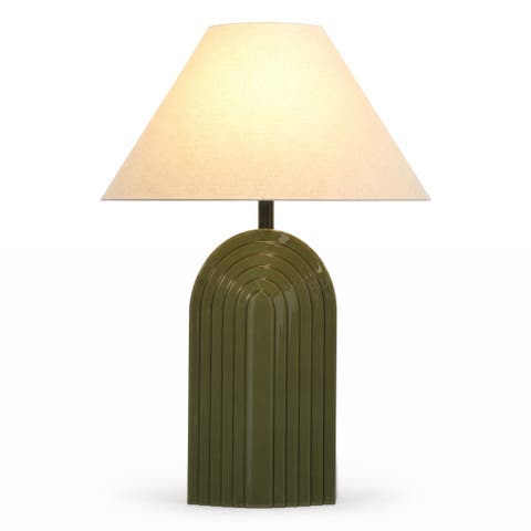 Phoebe 18" Olive Green LED Table Lamp with Ribbed Ceramic Base and Fabric Shade, Bulb Included