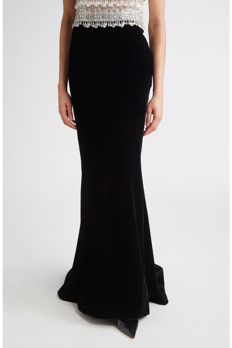 Velvet Trumpet Skirt with Train, Main, color, BLACK