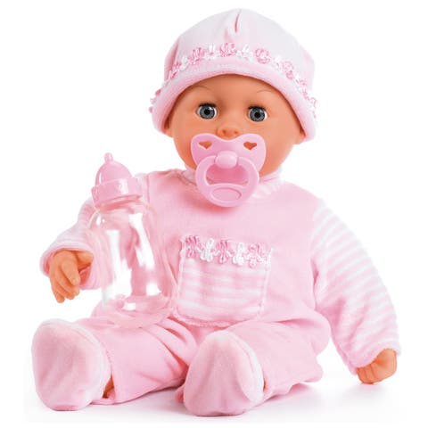 Bayer First Words Baby Doll with Sounds and Accessories, 15 Inch Soft-Body, Realistic Baby Sounds, Includes Pacifier and Bottle, in Soft Pink