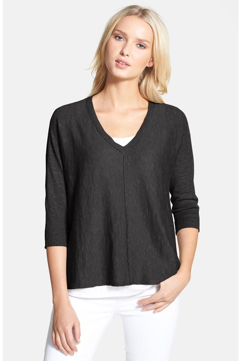 Slub Knit V-Neck Sweater, Main, color, BLACK