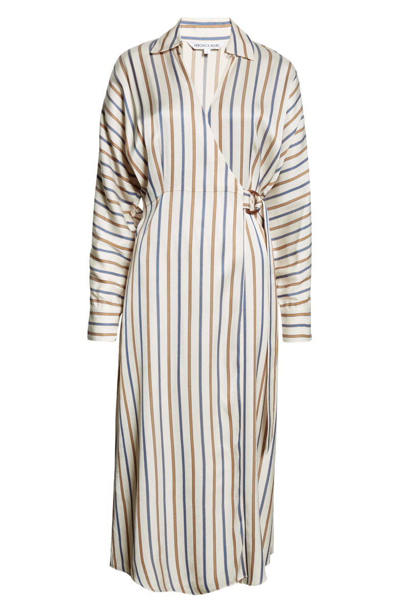 Veronica Beard Noor Stripe Belted Long Sleeve Wrap Dress, Alternate, color, Sand/ Slate Blue